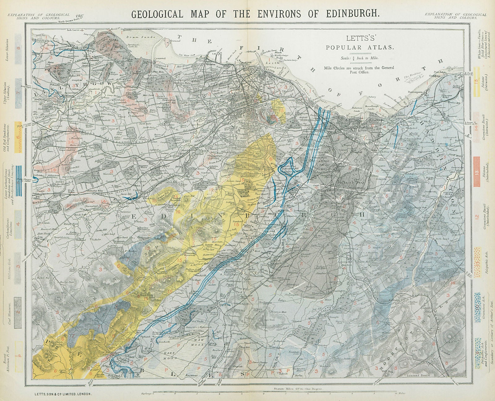 Geological map of the Environs of Edinburgh. Scotland. LETTS 1883 old